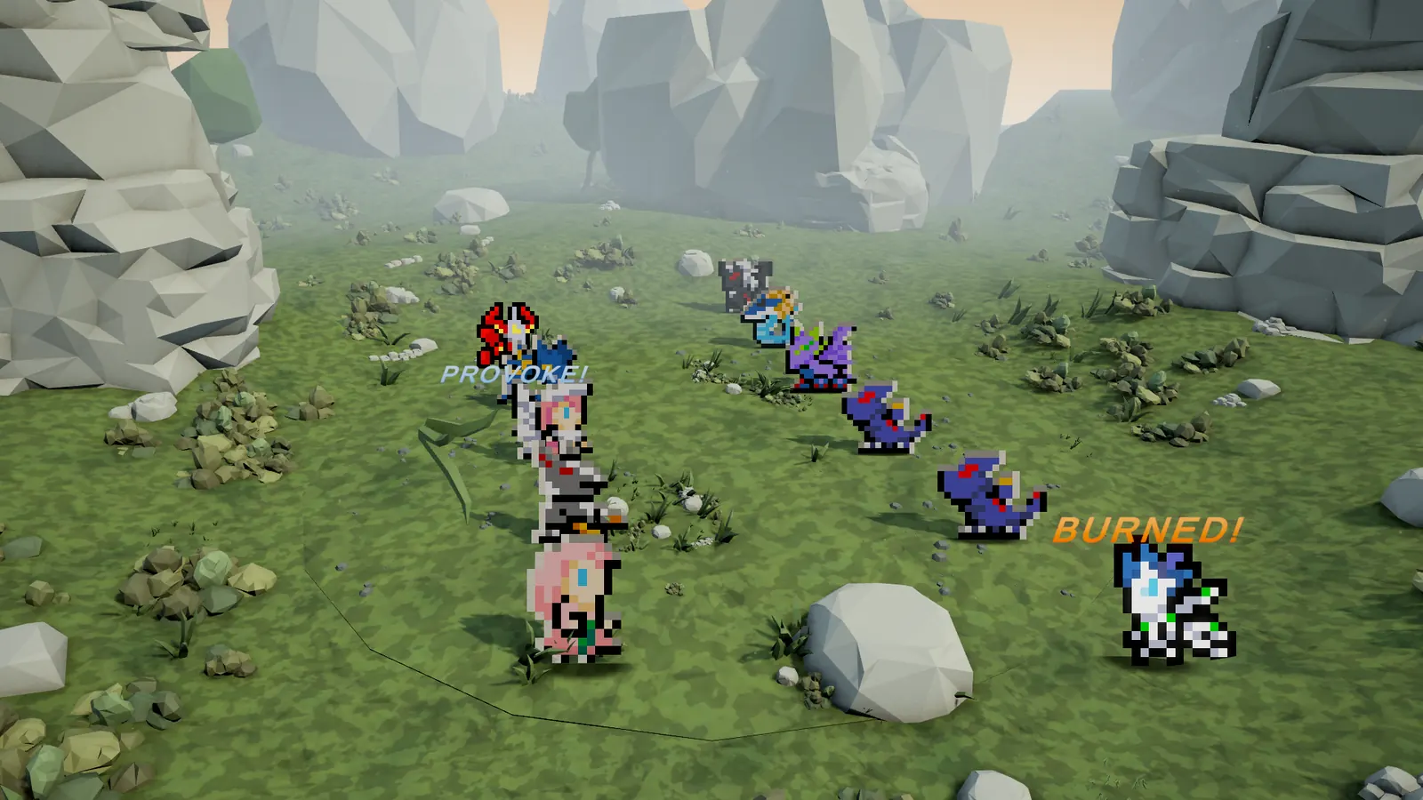 A four-on-four Kraylet battle on a mountain arena in the Kraylet RPG