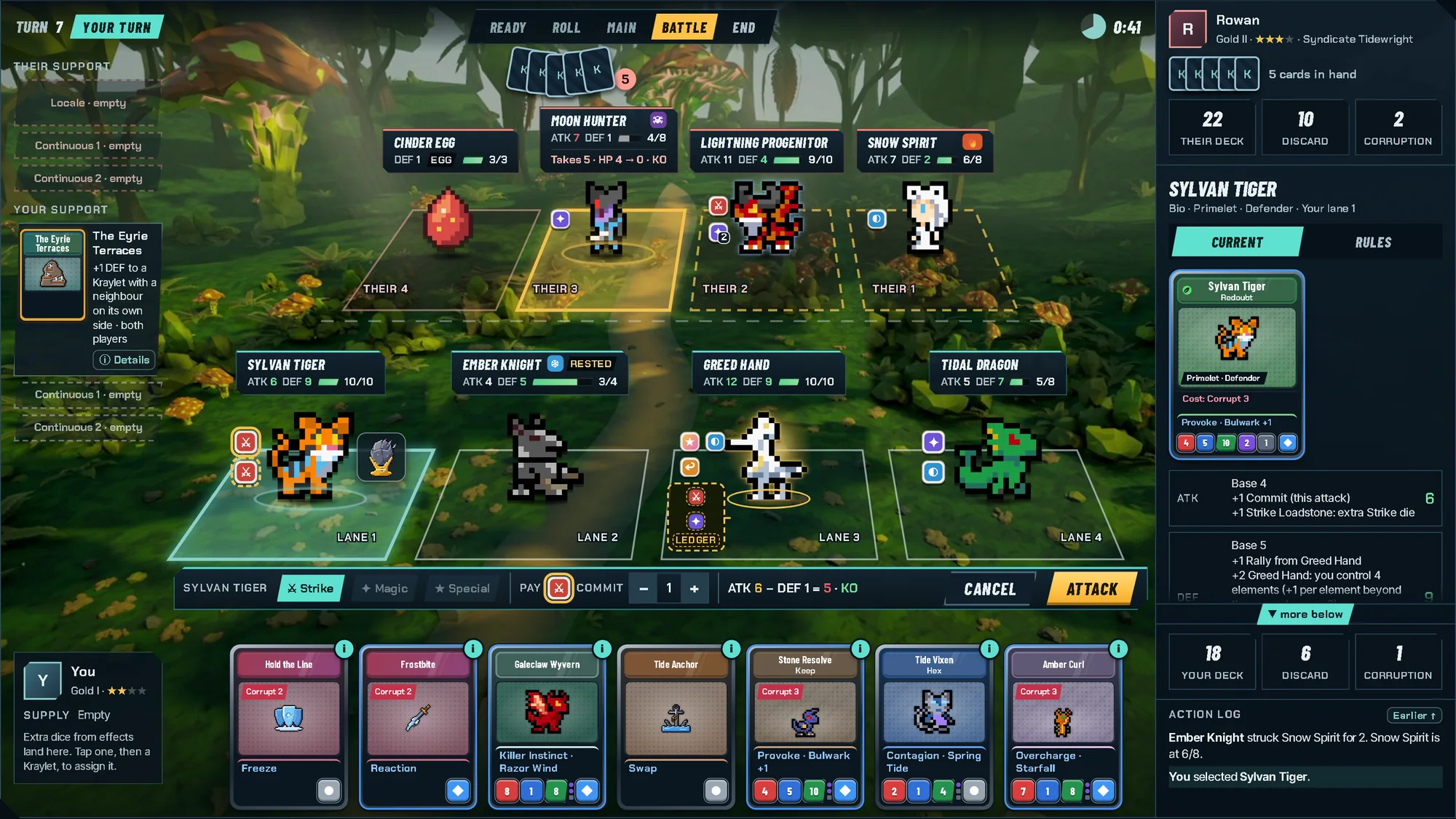 Kraylet TCG battle: four lanes on each side, a hand of cards, and an attack in progress